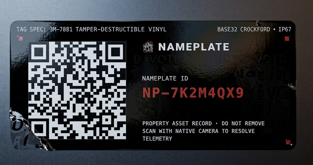 Real 3M-7881 tamper-destructible black vinyl Nameplate tag specimen